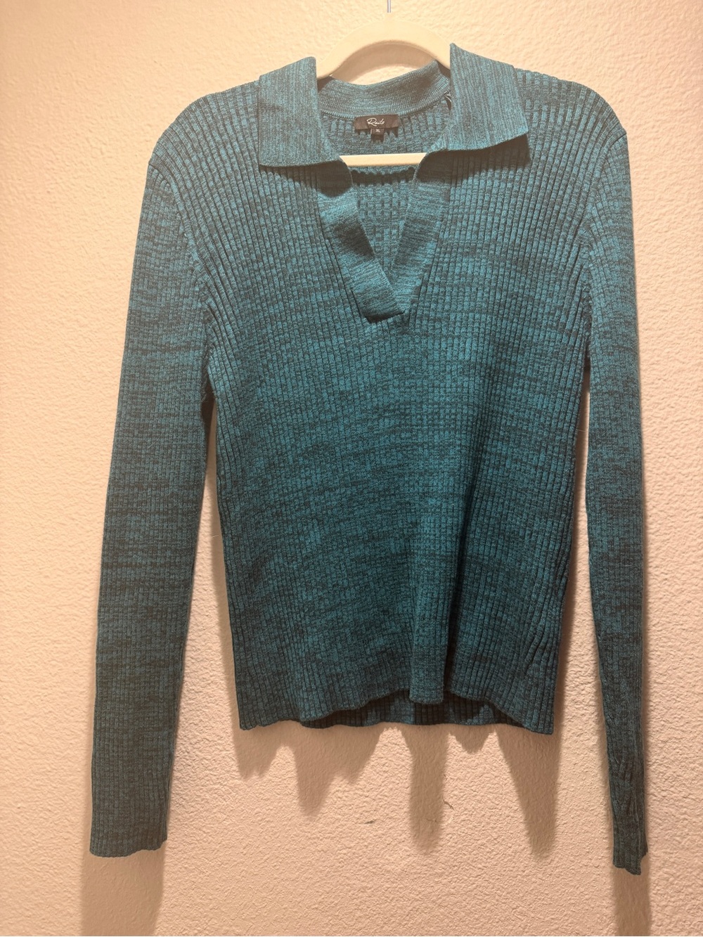 Rails Teal Ribbed V‑Neck Collared Sweater